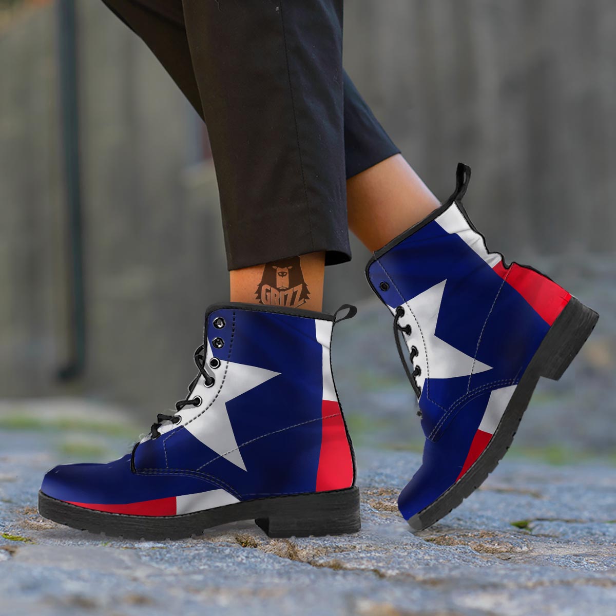 Texas Flag Print Leather Boots-grizzshop