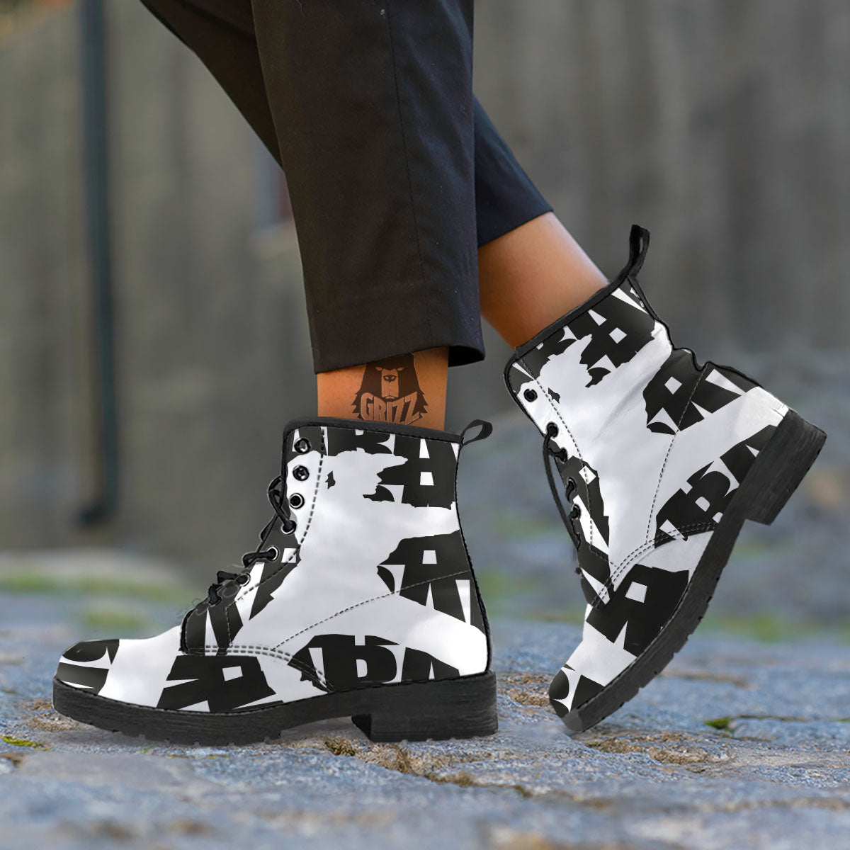 Text Karate Print Leather Boots-grizzshop