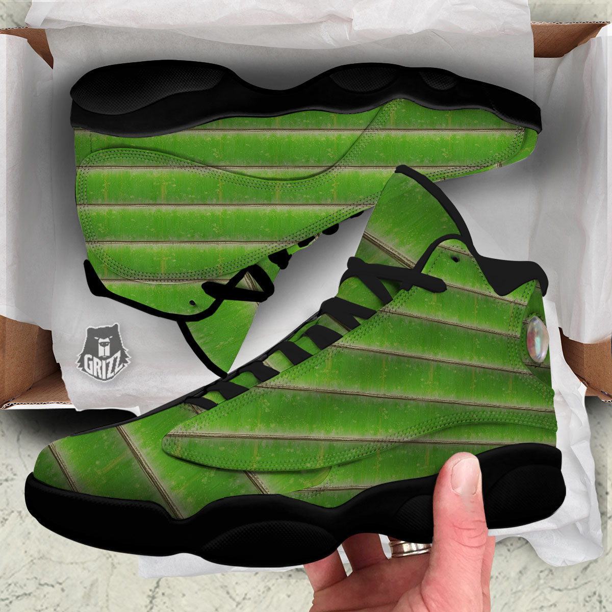 Texture Bamboo Green Print Black Basketball Shoes-grizzshop