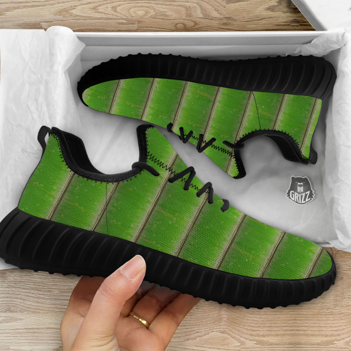 Texture Bamboo Green Print Black Walking Shoes-grizzshop