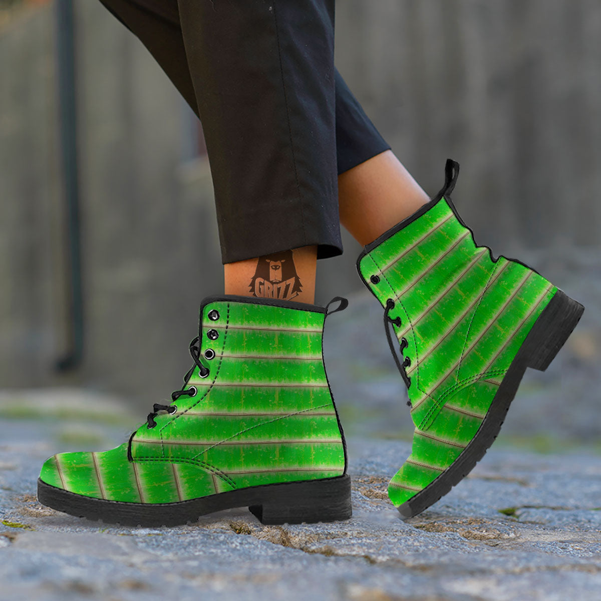 Texture Bamboo Green Print Leather Boots-grizzshop
