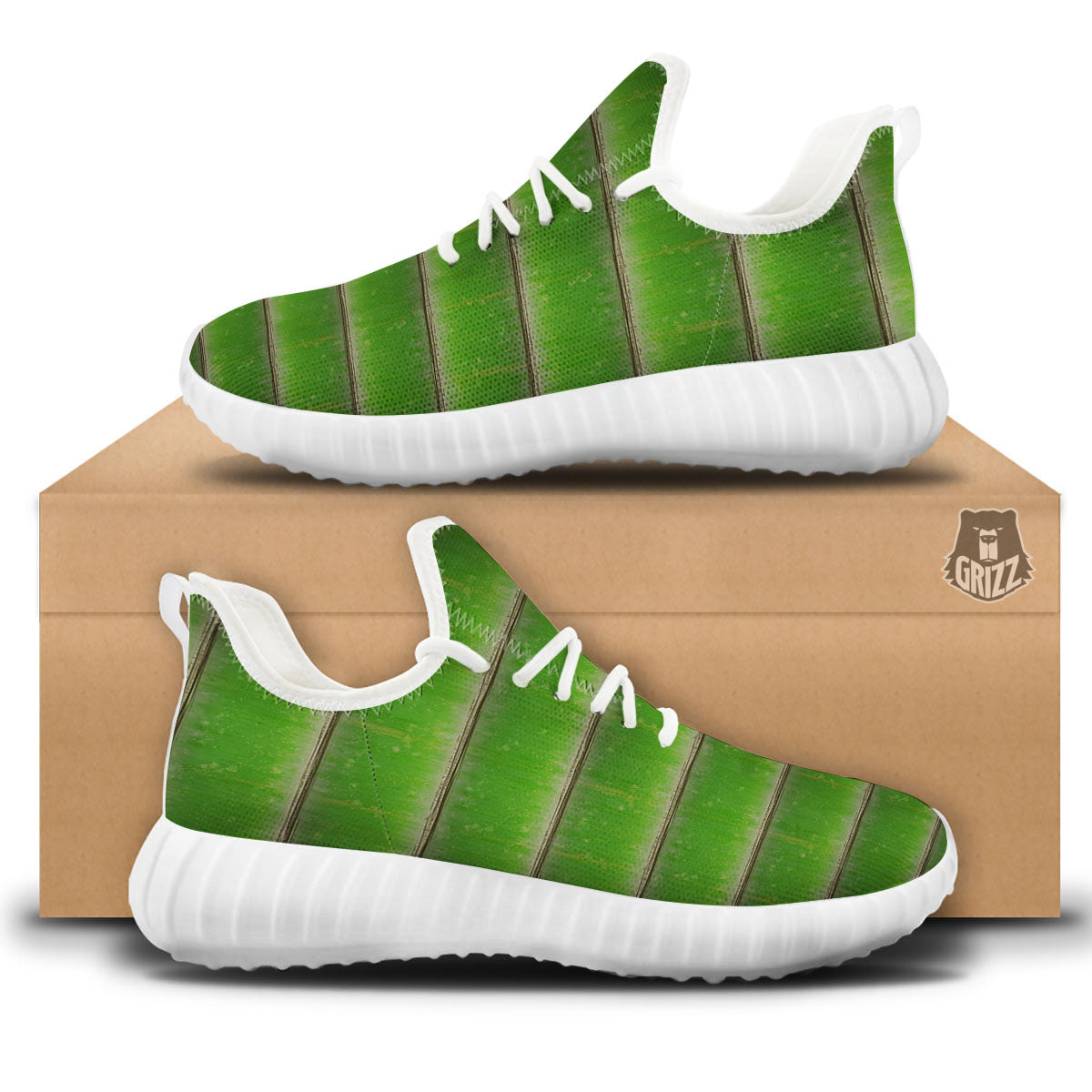 Texture Bamboo Green Print White Walking Shoes-grizzshop