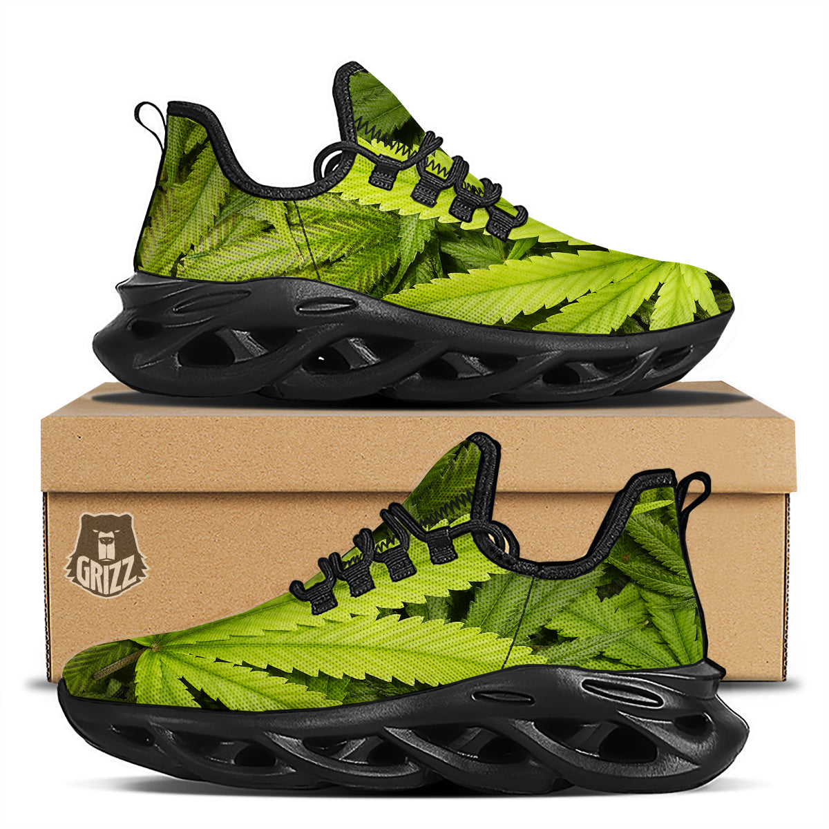 Texture Cannabis Print Black Running Shoes-grizzshop