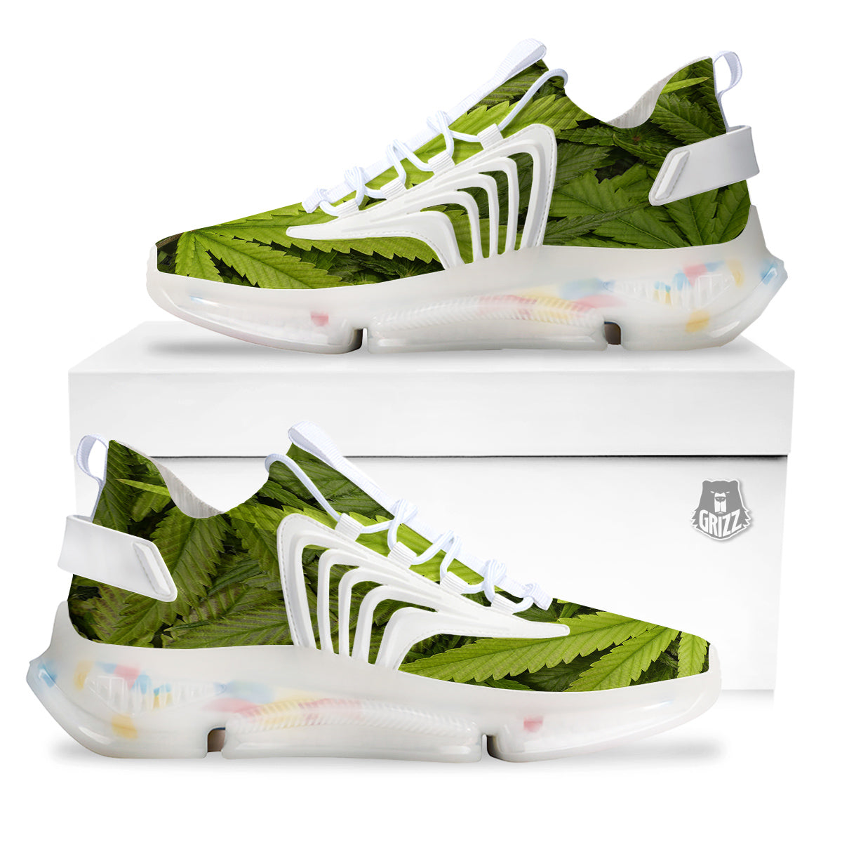 Texture Cannabis Print White Gym Shoes-grizzshop