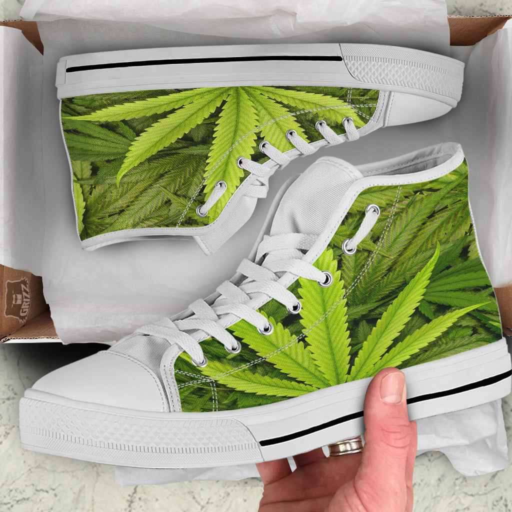 Texture Cannabis Print White High Top Shoes-grizzshop