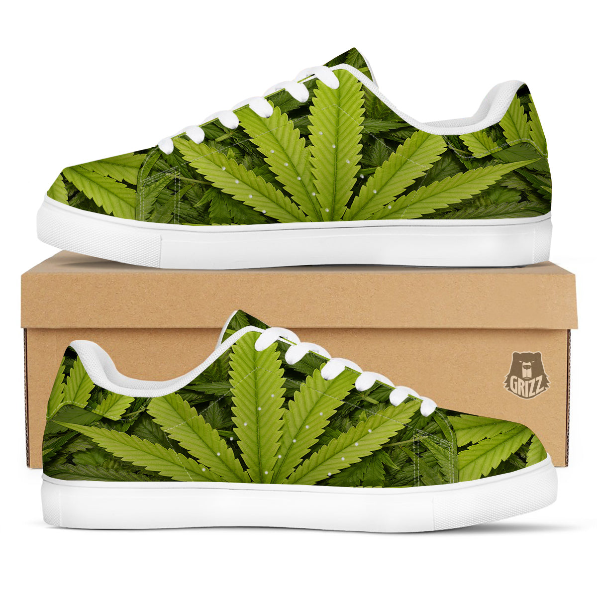 Texture Cannabis Print White Low Top Sneakers-grizzshop
