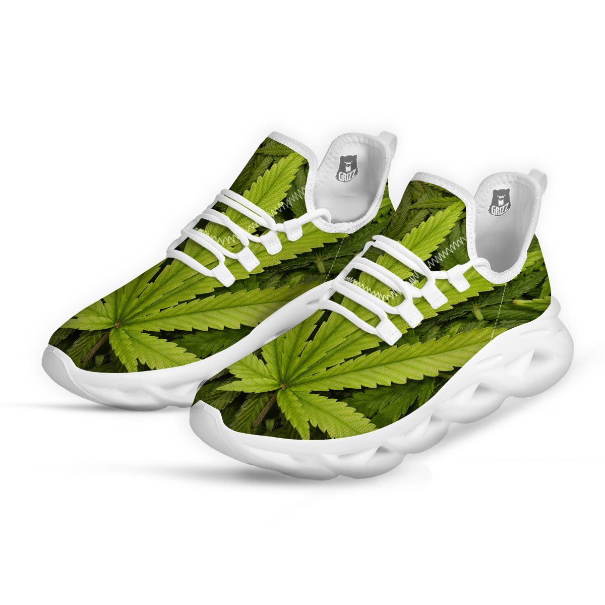 Texture Cannabis Print White Running Shoes-grizzshop
