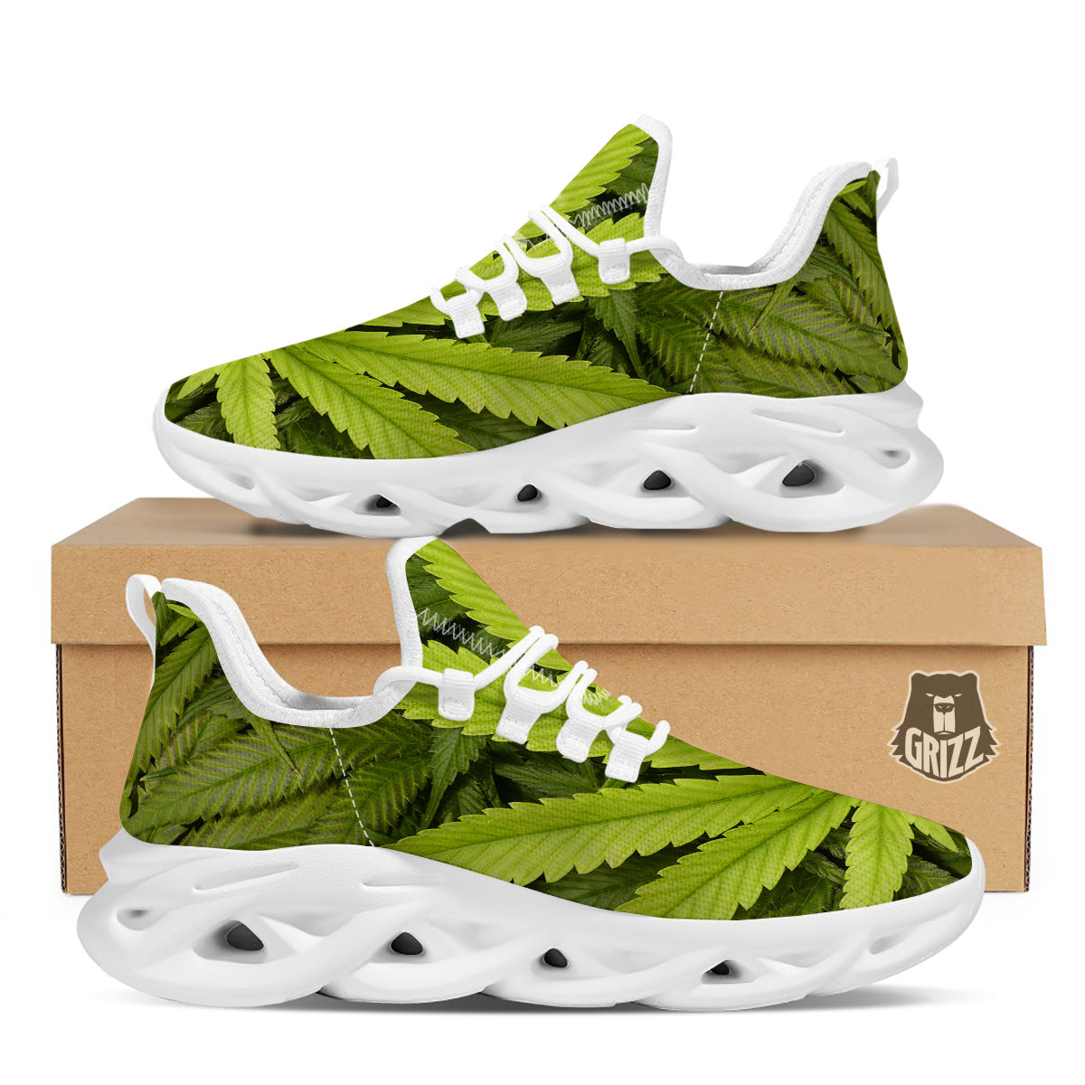 Texture Cannabis Print White Running Shoes-grizzshop