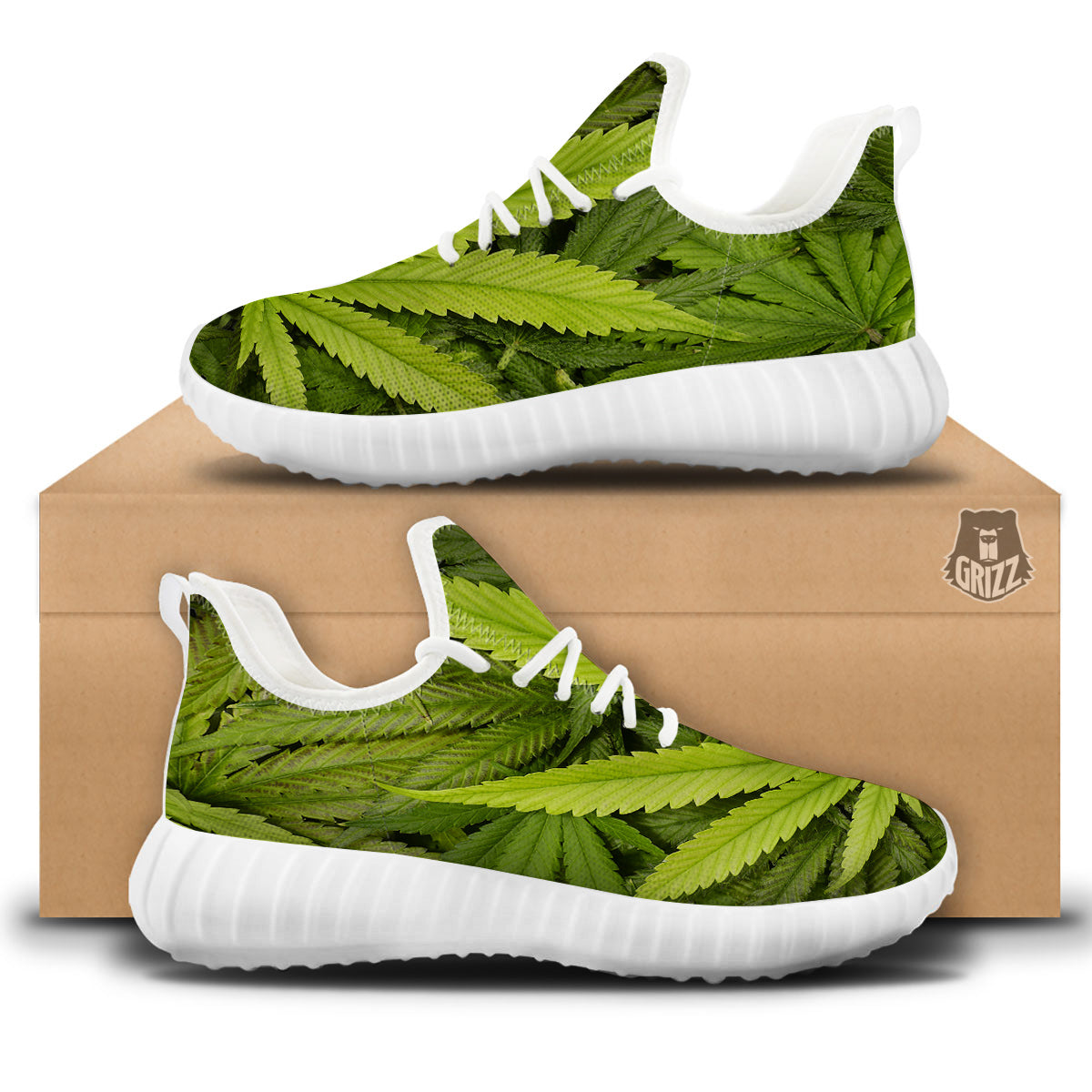 Texture Cannabis Print White Walking Shoes-grizzshop