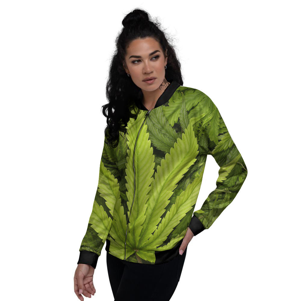 Texture Cannabis Print Women's Bomber Jacket-grizzshop