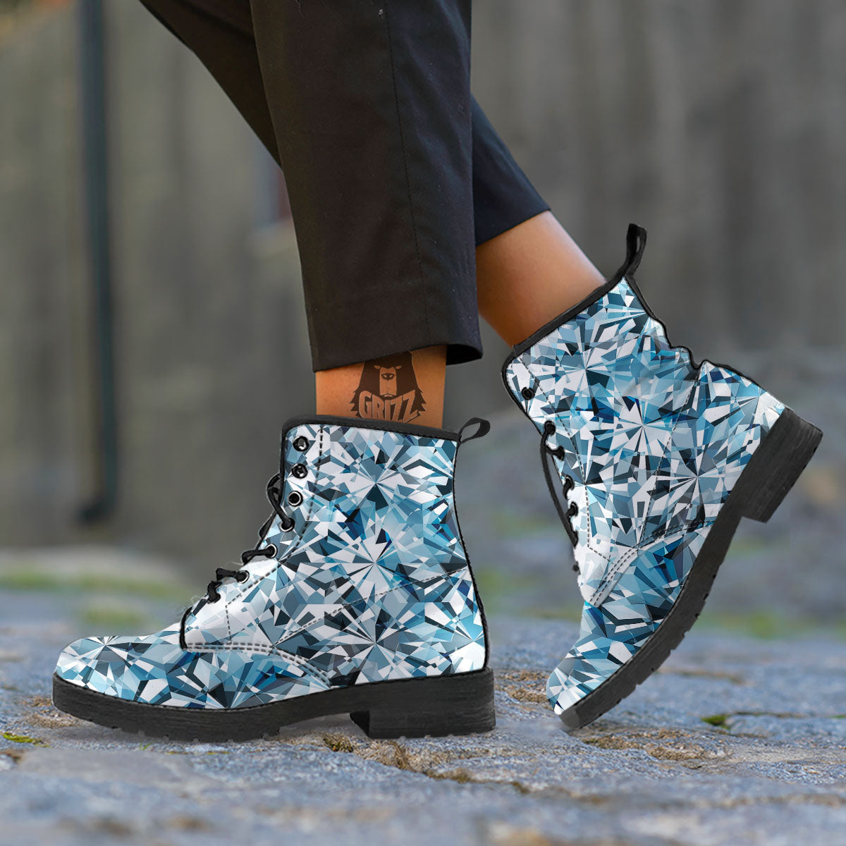 Texture Diamond Print Leather Boots-grizzshop