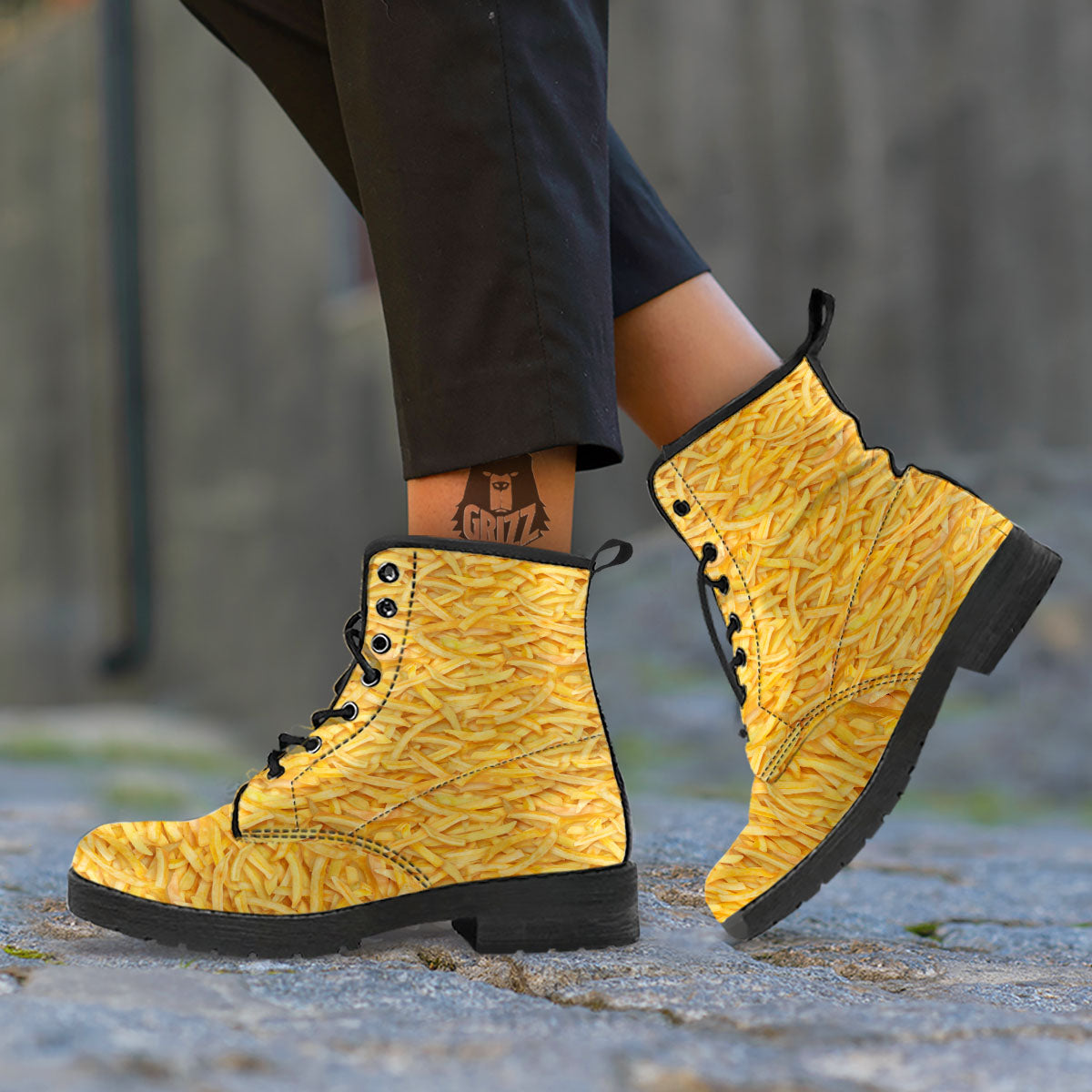 Texture French Fries Print Leather Boots-grizzshop