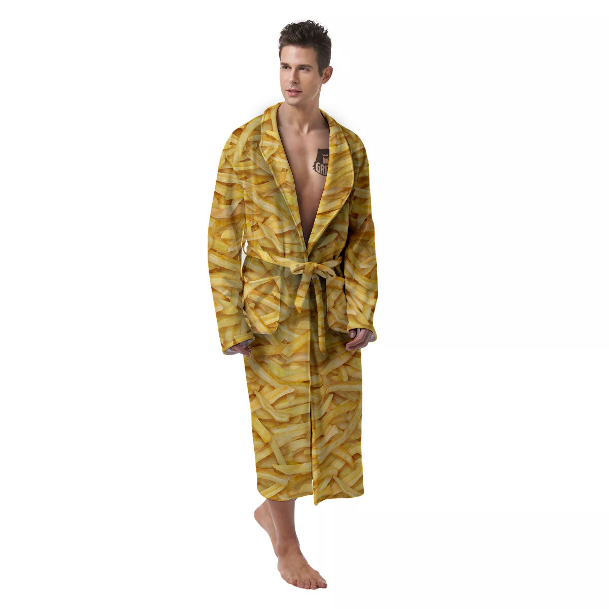 Texture French Fries Print Men's Robe-grizzshop