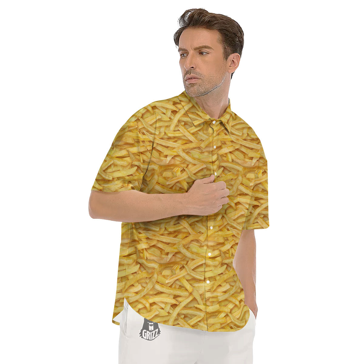 Texture French Fries Print Men's Short Sleeve Shirts-grizzshop