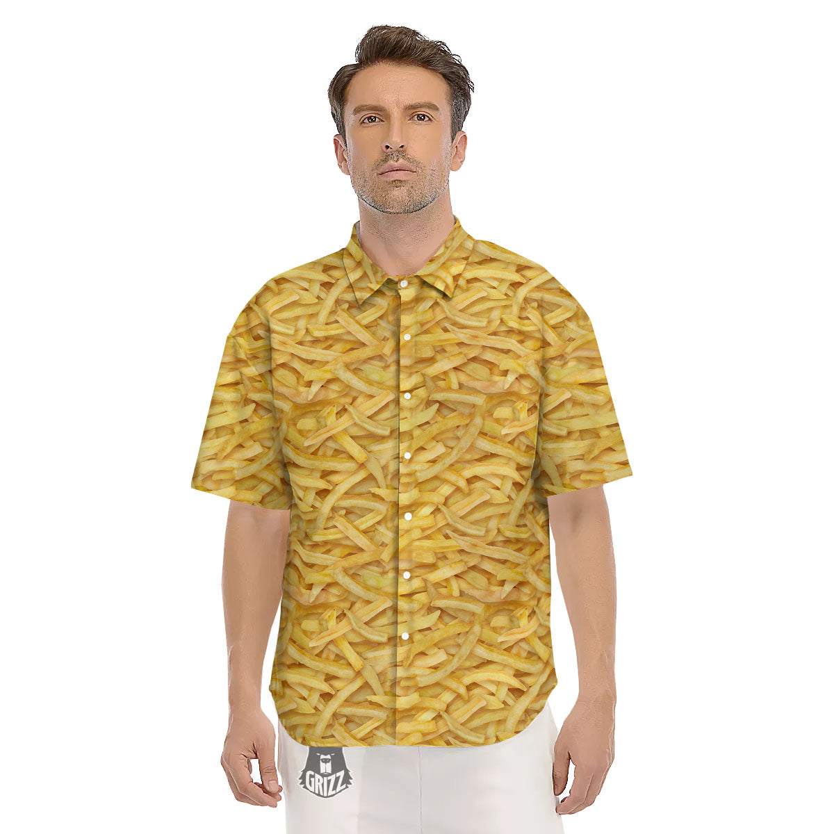 Texture French Fries Print Men's Short Sleeve Shirts-grizzshop