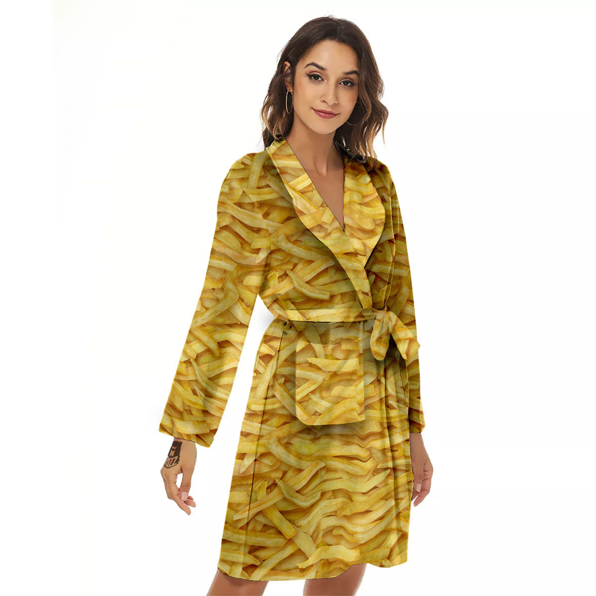 Texture French Fries Print Women's Robe-grizzshop