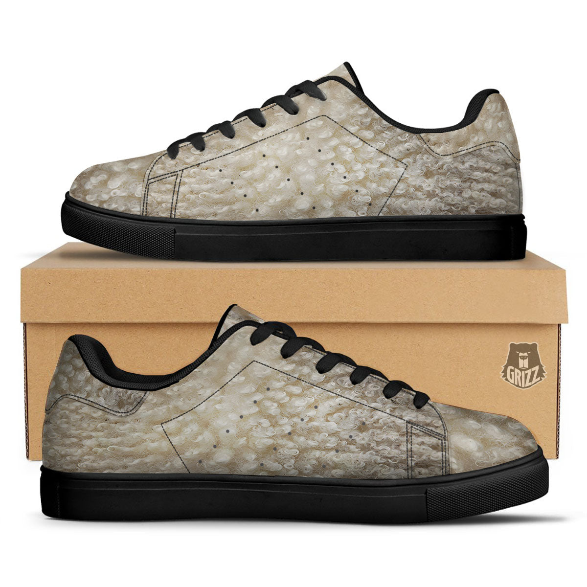 Texture Fur Sheep Print Black Low Top Sneakers-grizzshop
