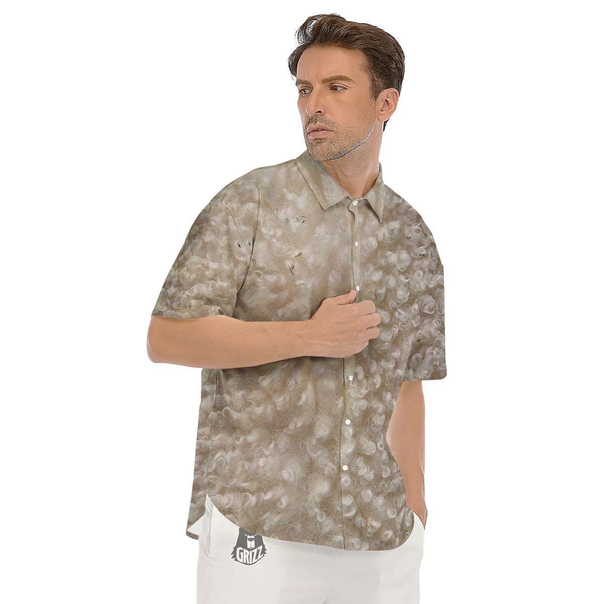 Texture Fur Sheep Print Men's Short Sleeve Shirts-grizzshop