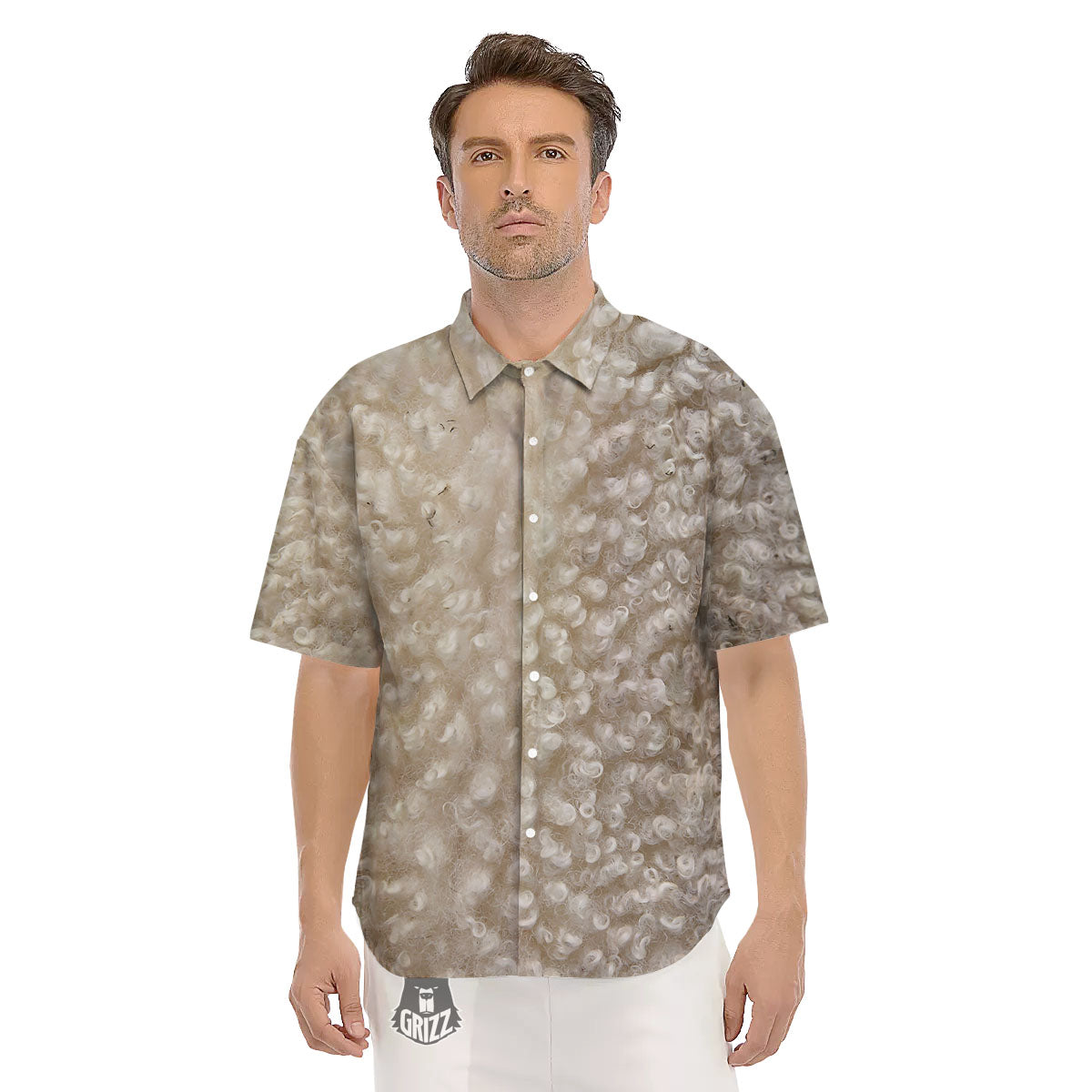 Texture Fur Sheep Print Men's Short Sleeve Shirts-grizzshop