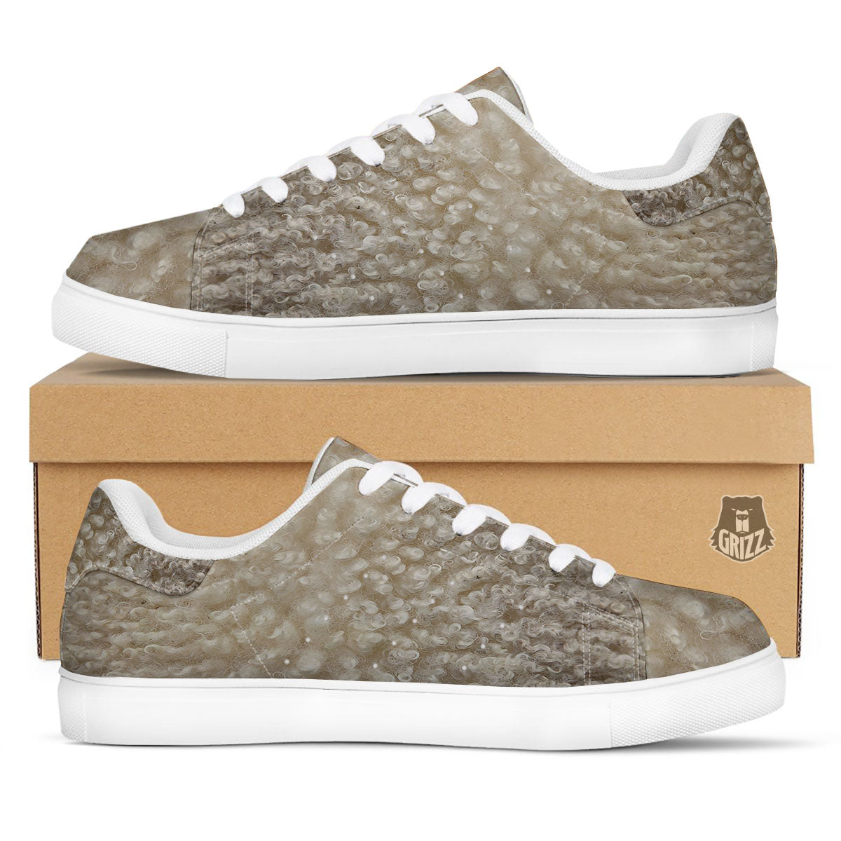 Texture Fur Sheep Print White Low Top Sneakers-grizzshop