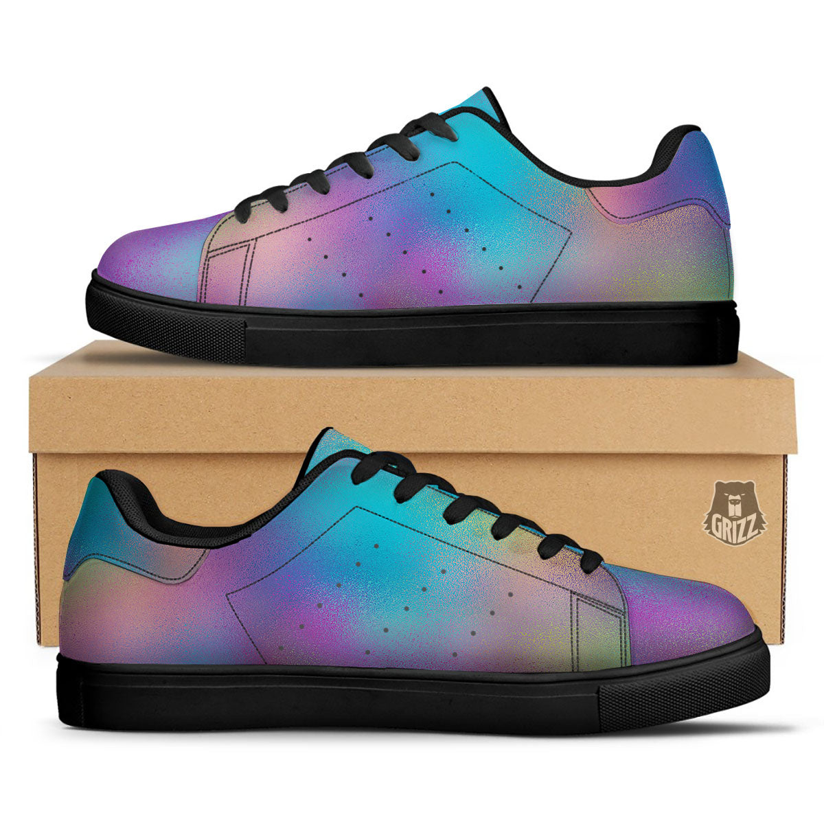 Texture Holographic Print Black Low Top Sneakers-grizzshop