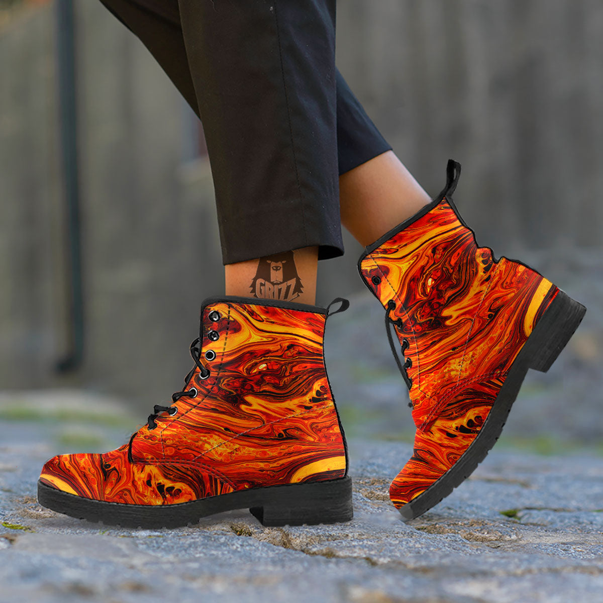 Texture Lava Print Leather Boots-grizzshop