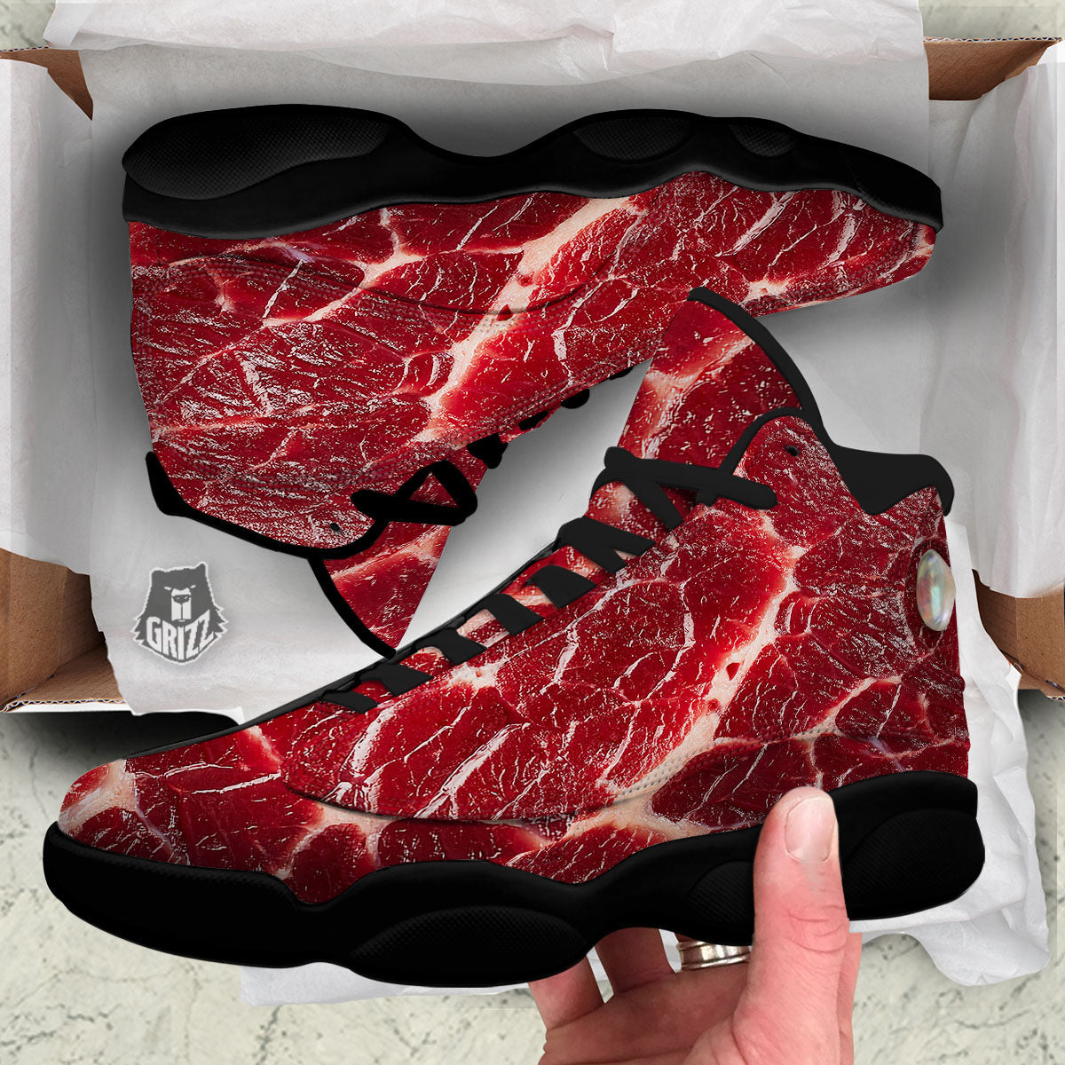 Texture Red Meat Print Black Basketball Shoes-grizzshop