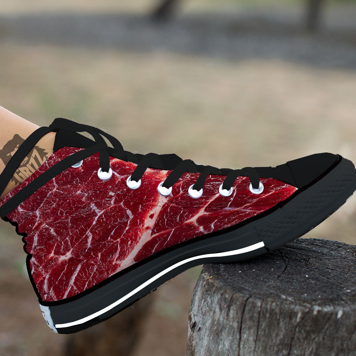 Texture Red Meat Print Black High Top Shoes-grizzshop