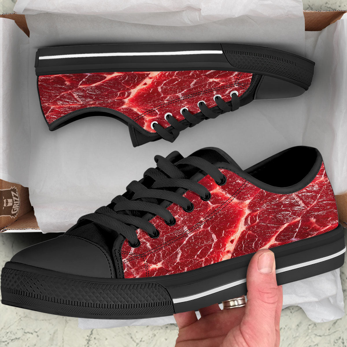 Texture Red Meat Print Black Low Top Shoes-grizzshop