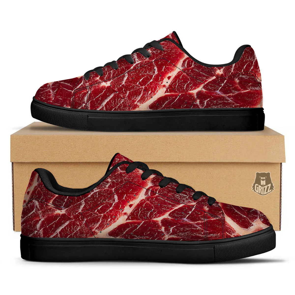 Texture Red Meat Print Black Low Top Sneakers-grizzshop