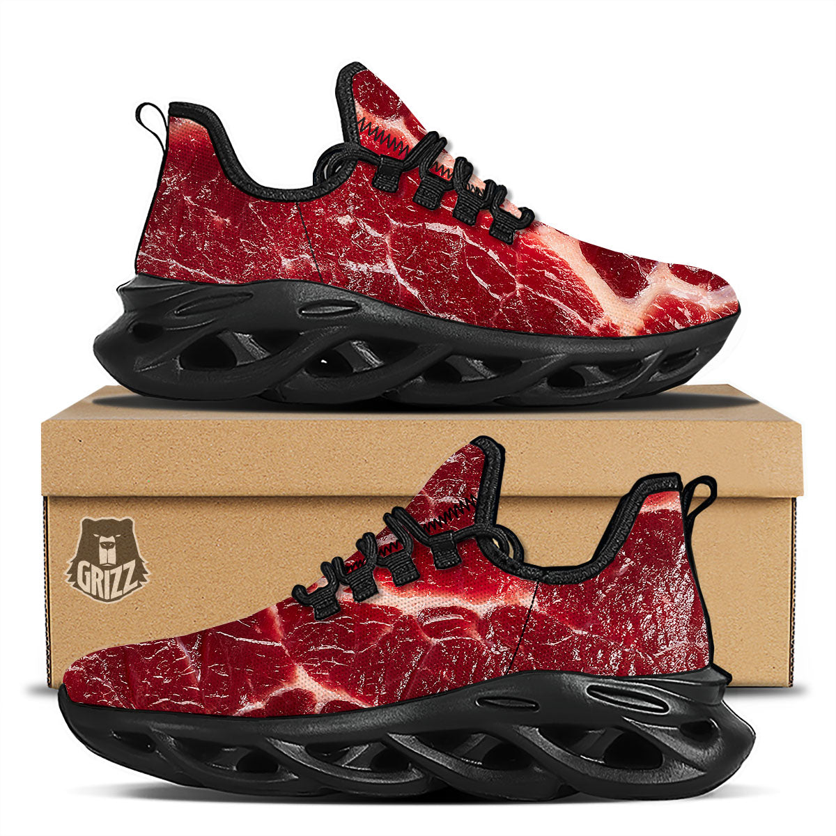 Texture Red Meat Print Black Running Shoes-grizzshop