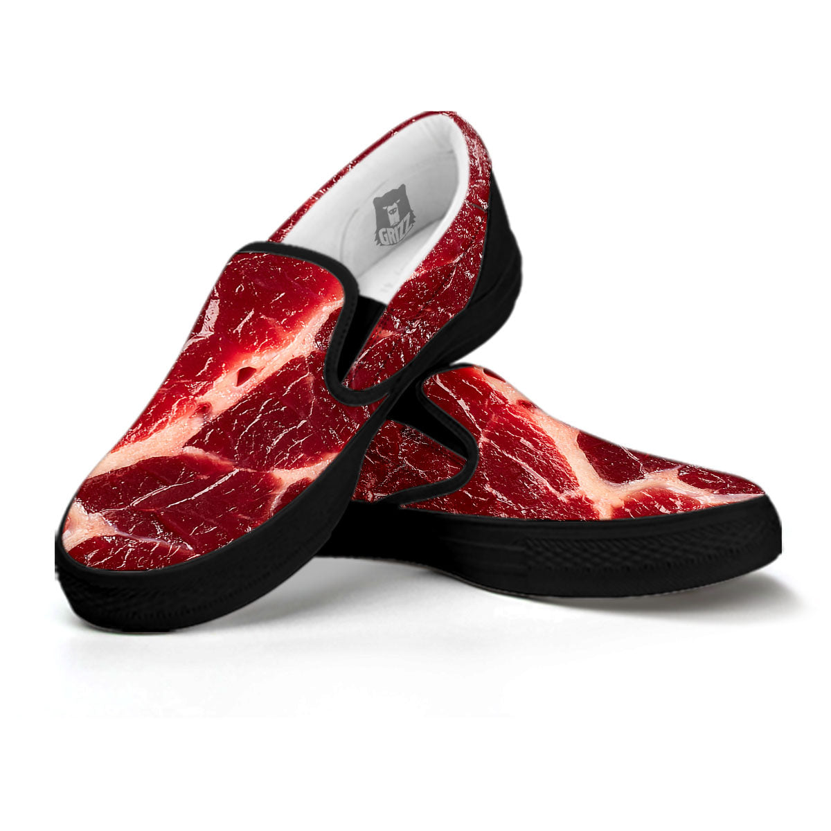 Texture Red Meat Print Black Slip On Shoes-grizzshop