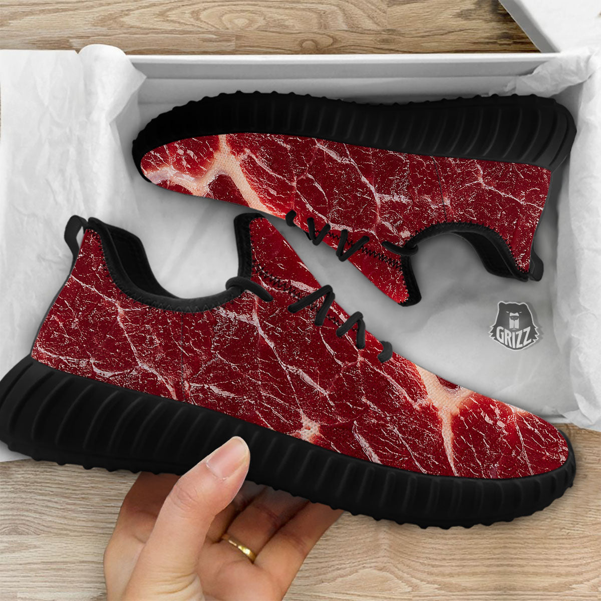 Texture Red Meat Print Black Walking Shoes-grizzshop