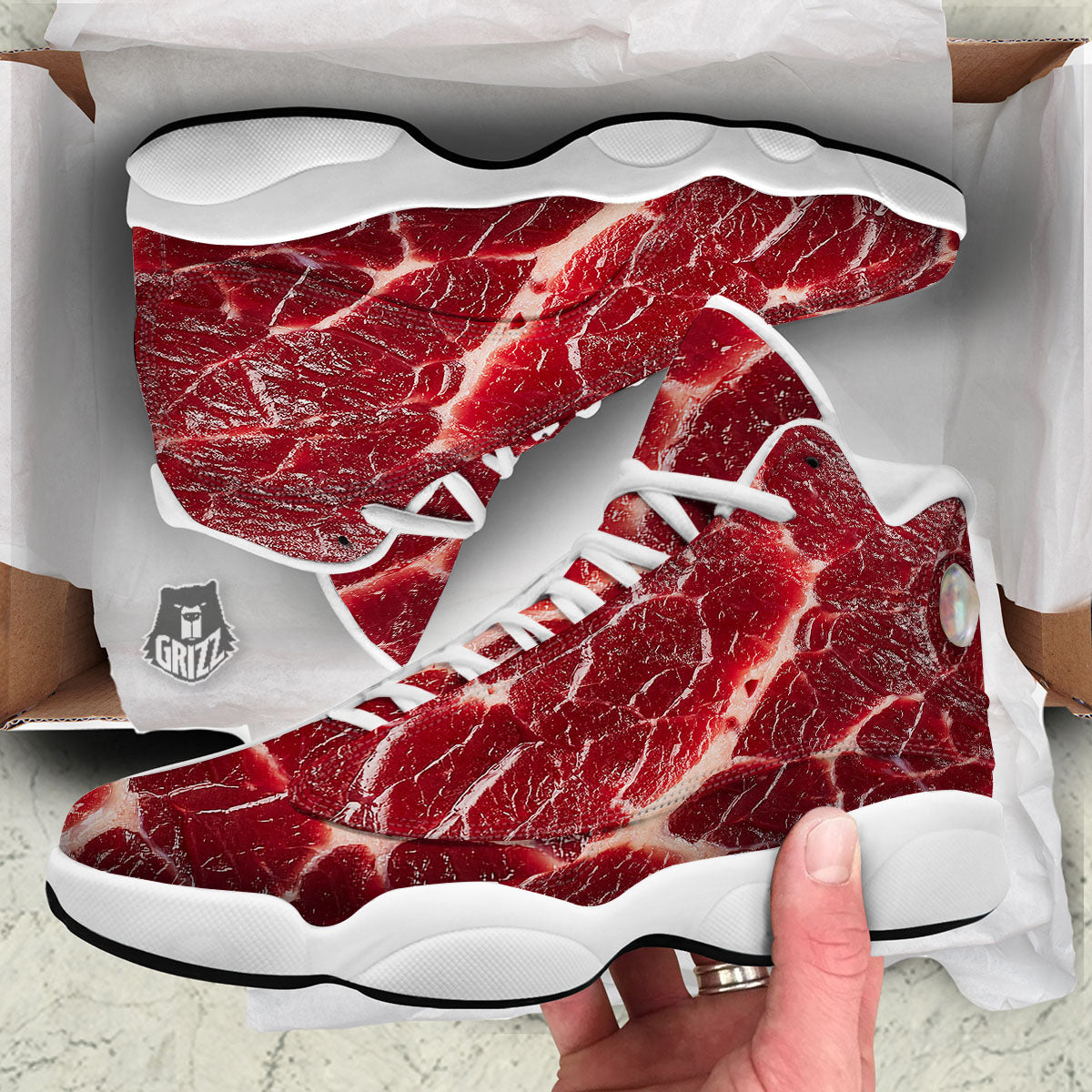 Texture Red Meat Print White Basketball Shoes-grizzshop