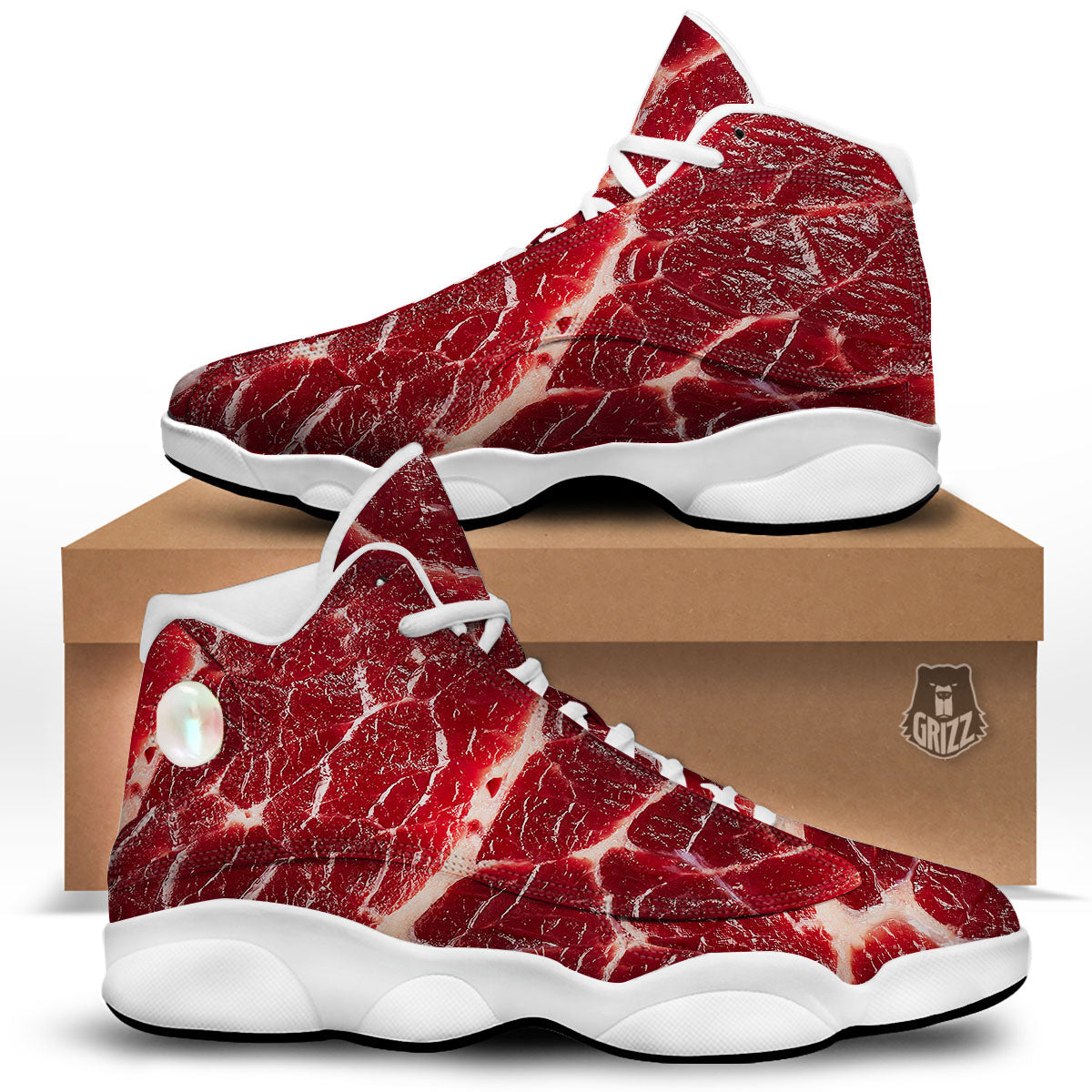 Texture Red Meat Print White Basketball Shoes-grizzshop