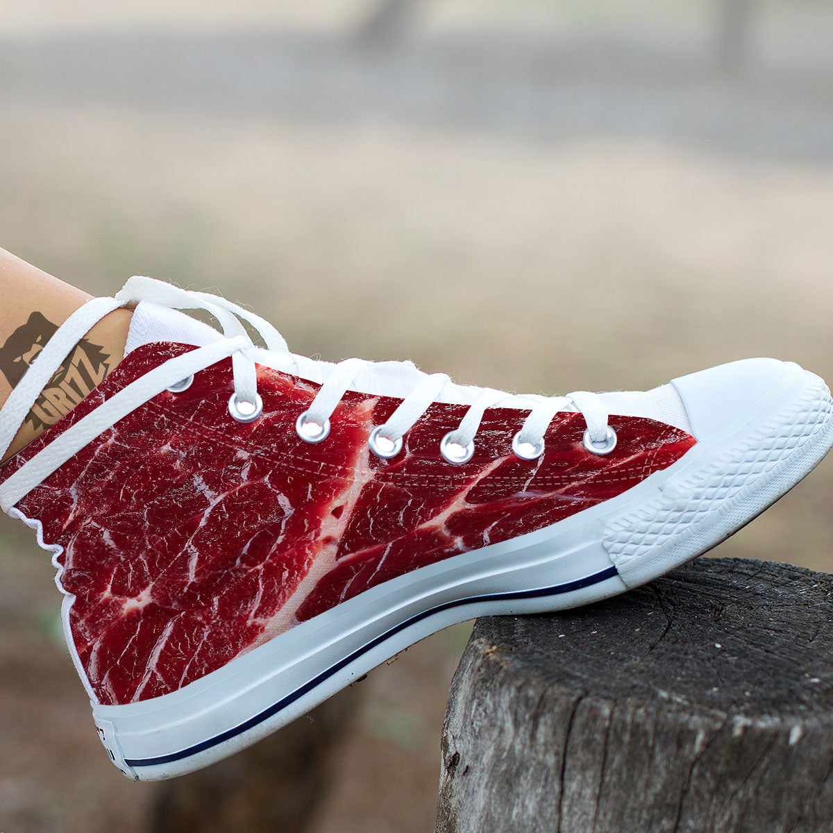 Texture Red Meat Print White High Top Shoes-grizzshop