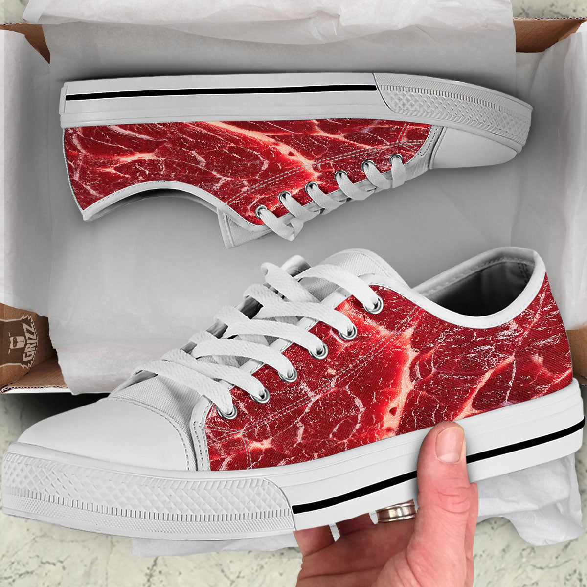 Texture Red Meat Print White Low Top Shoes-grizzshop