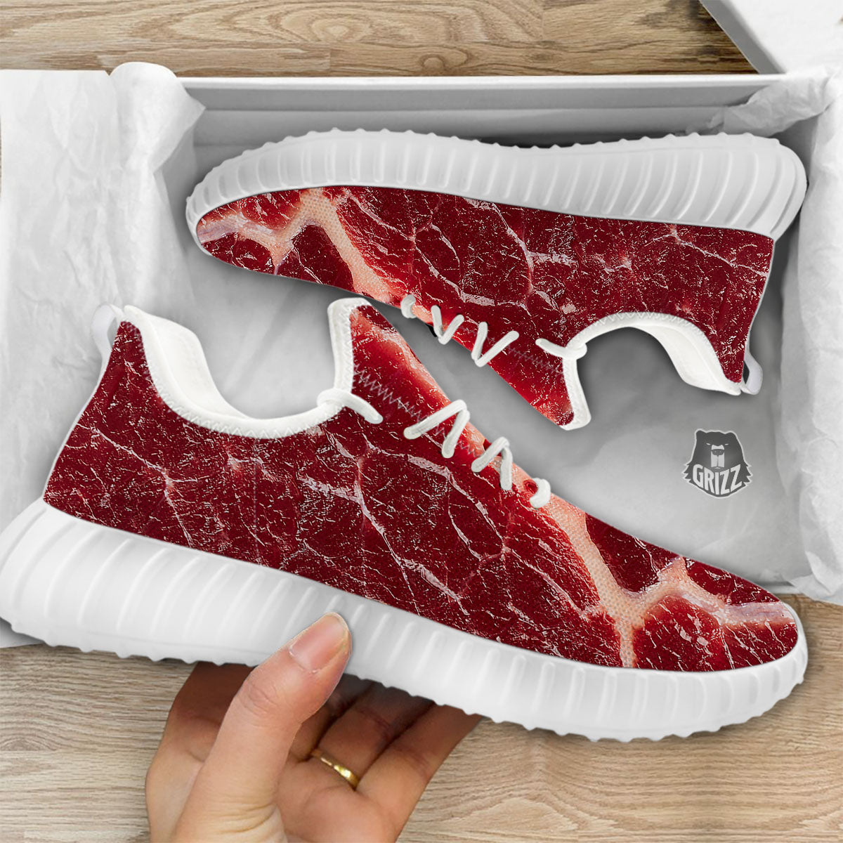 Texture Red Meat Print White Walking Shoes-grizzshop