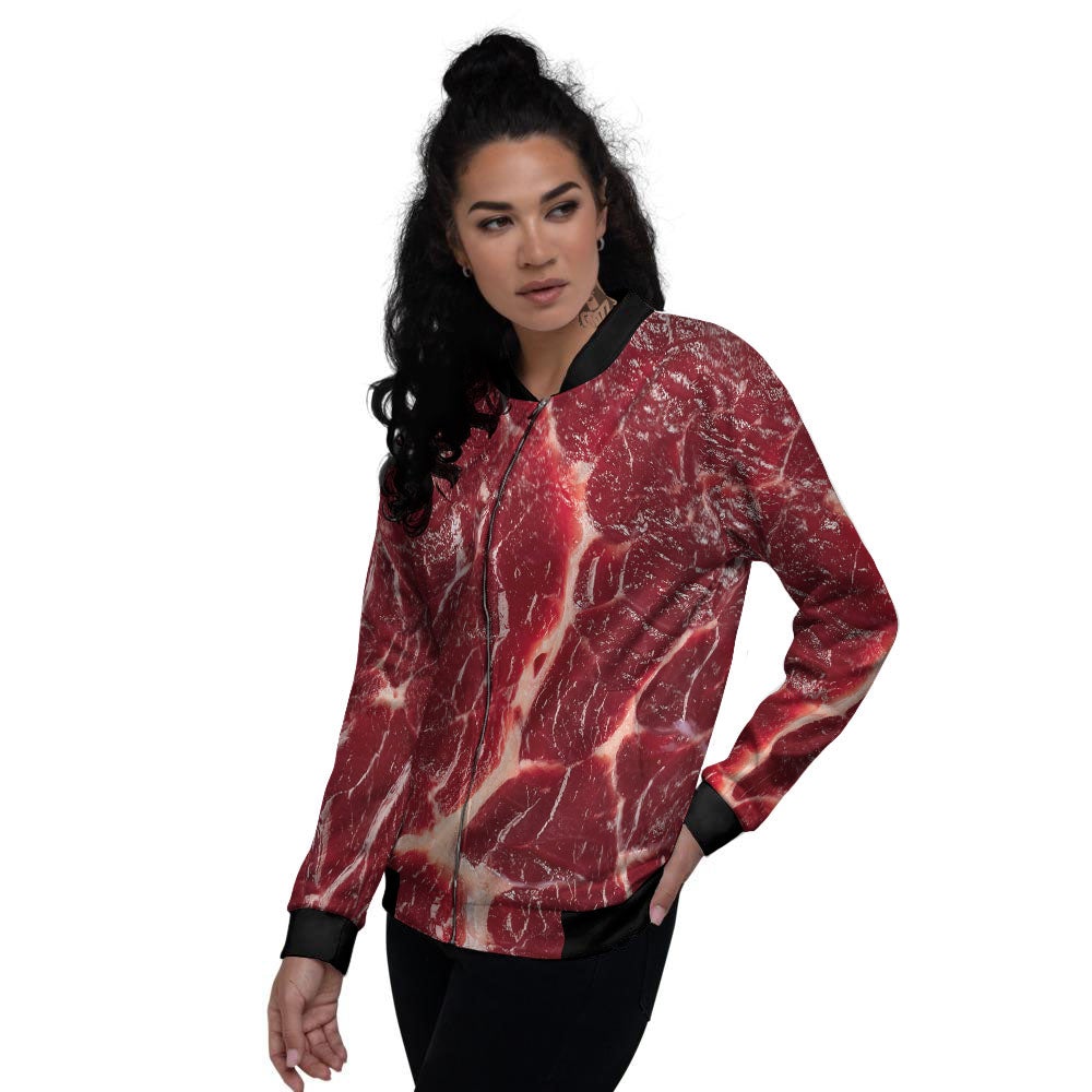 Texture Red Meat Print Women's Bomber Jacket-grizzshop