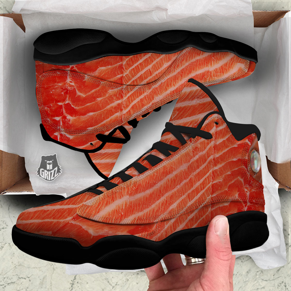 Texture Salmon Print Black Basketball Shoes-grizzshop