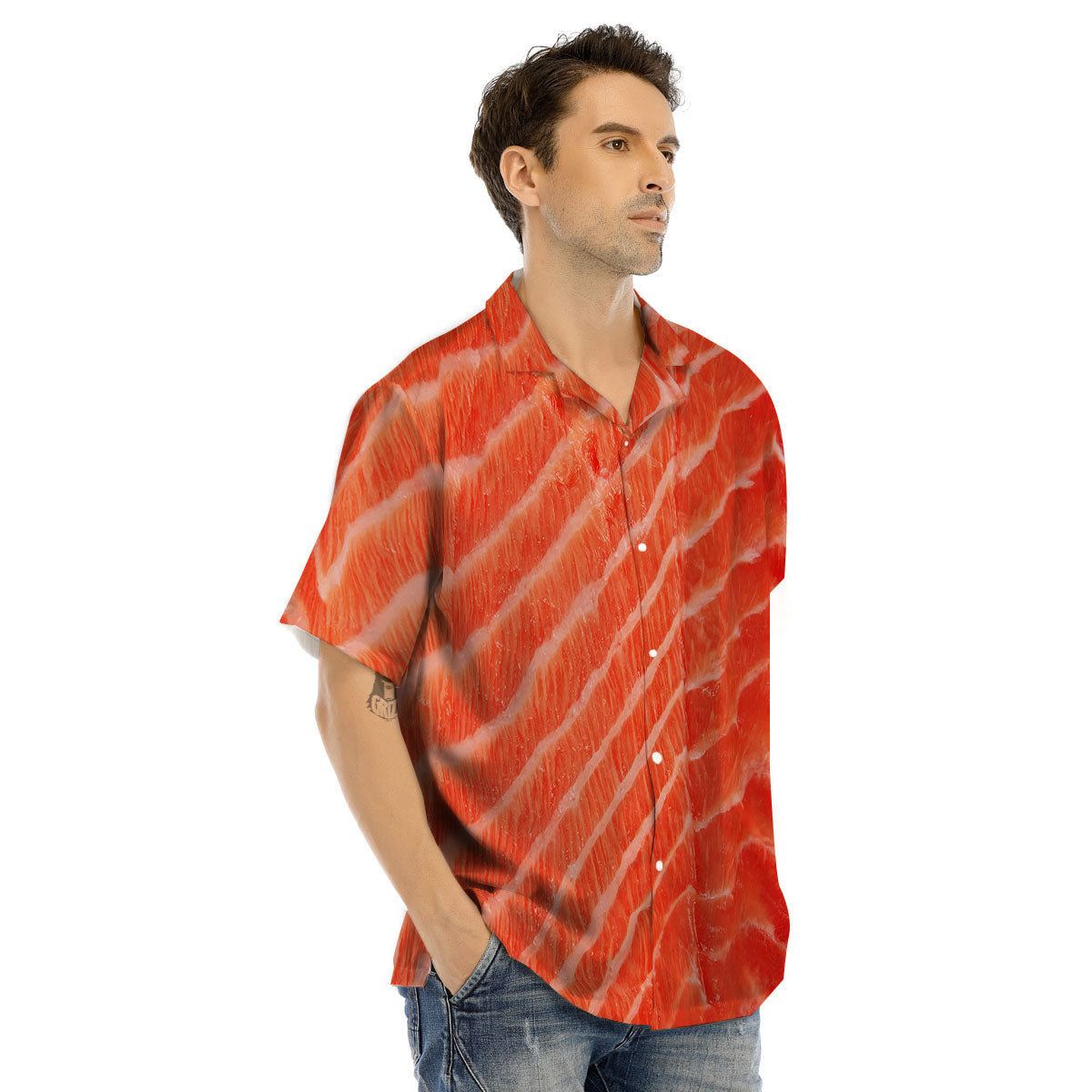 Texture Salmon Print Men's Hawaiian Shirt-grizzshop