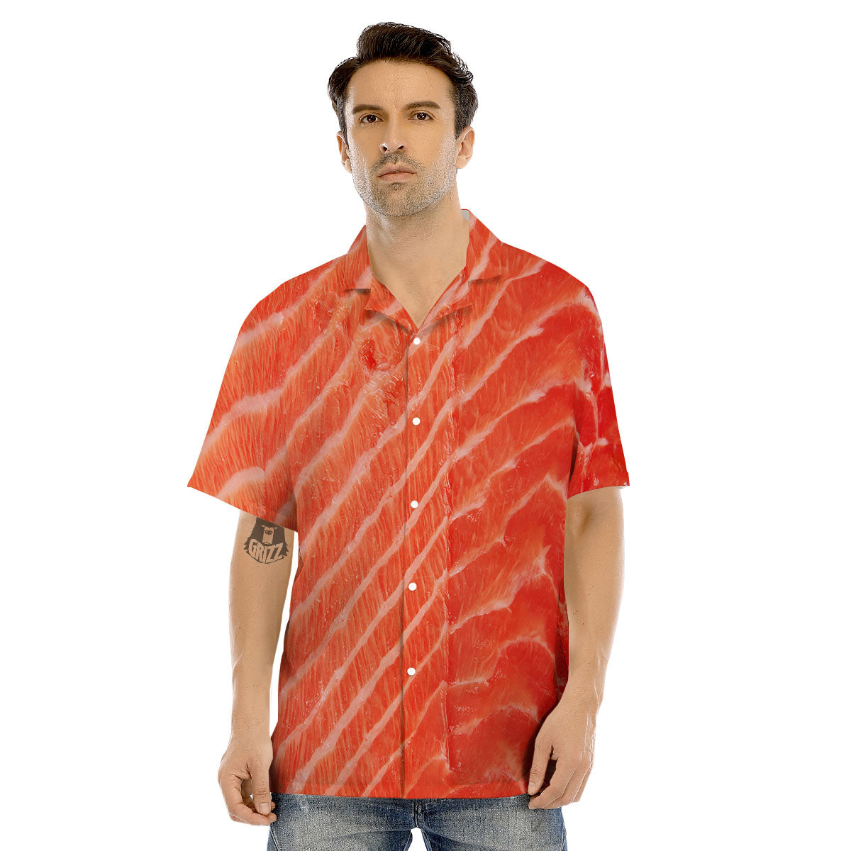Texture Salmon Print Men's Hawaiian Shirt-grizzshop