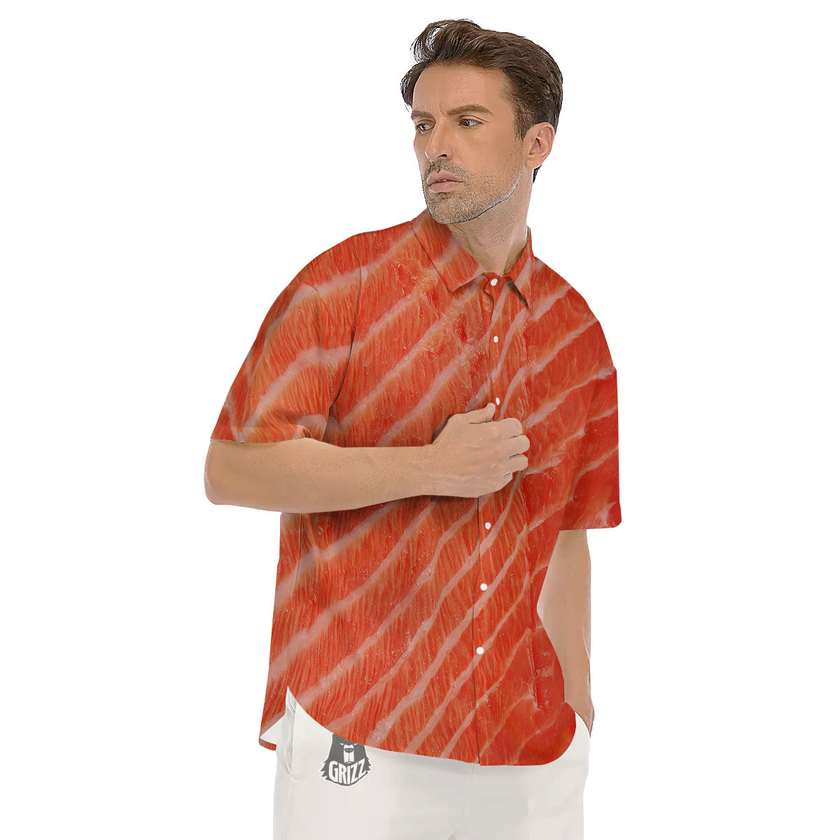 Texture Salmon Print Men's Short Sleeve Shirts-grizzshop
