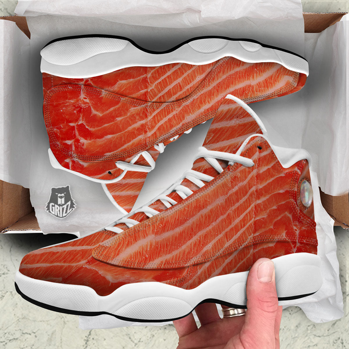 Texture Salmon Print White Basketball Shoes-grizzshop