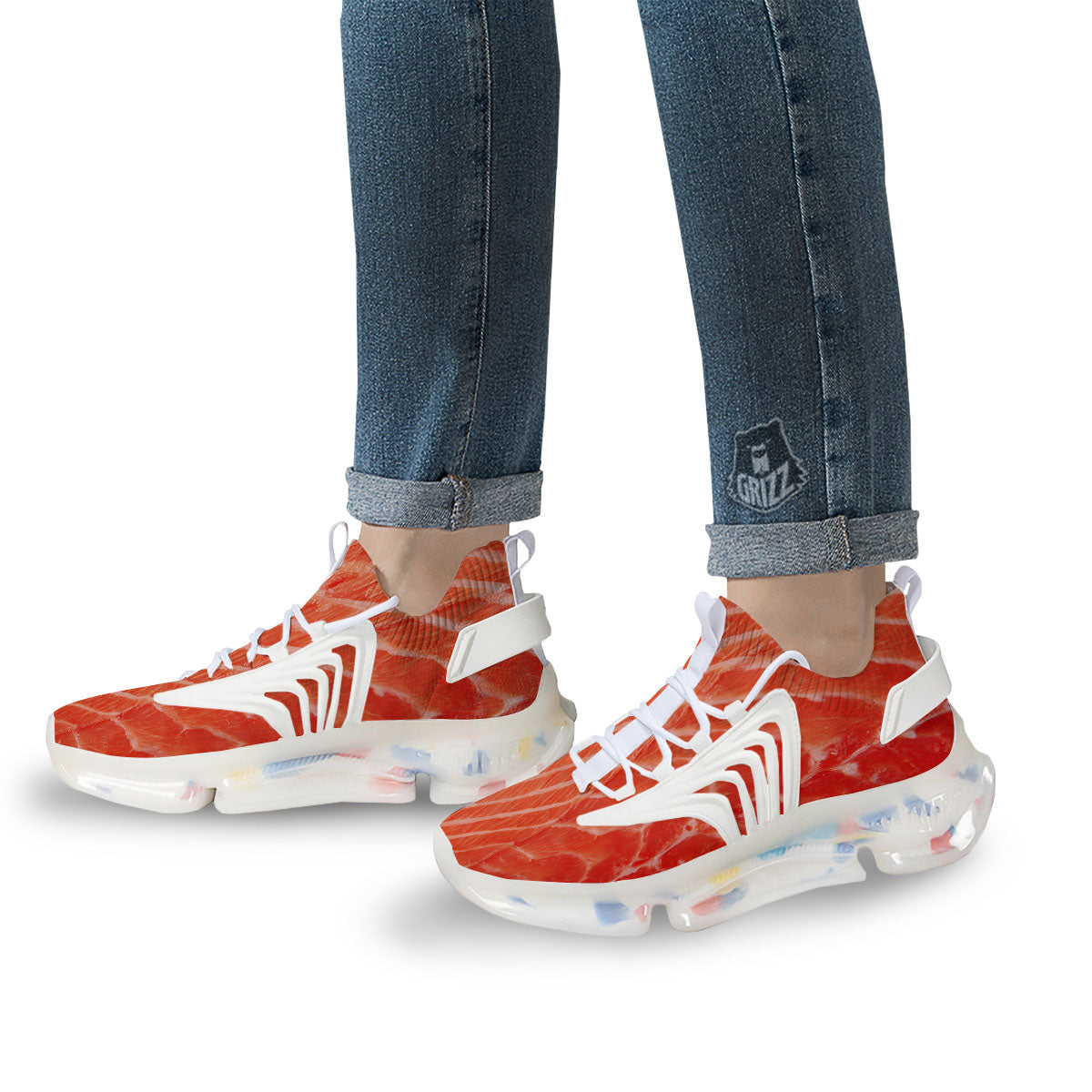 Texture Salmon Print White Gym Shoes-grizzshop