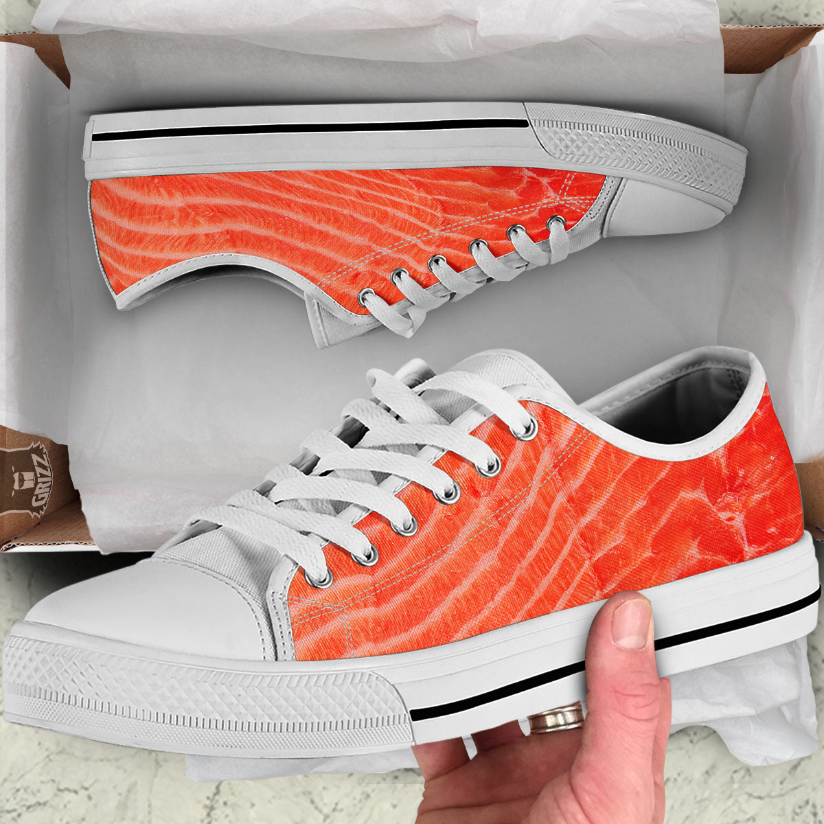 Texture Salmon Print White Low Top Shoes-grizzshop