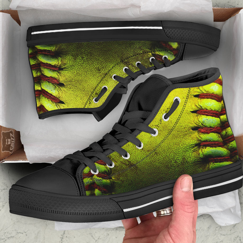 Texture Softball Ball Print Black High Top Shoes-grizzshop