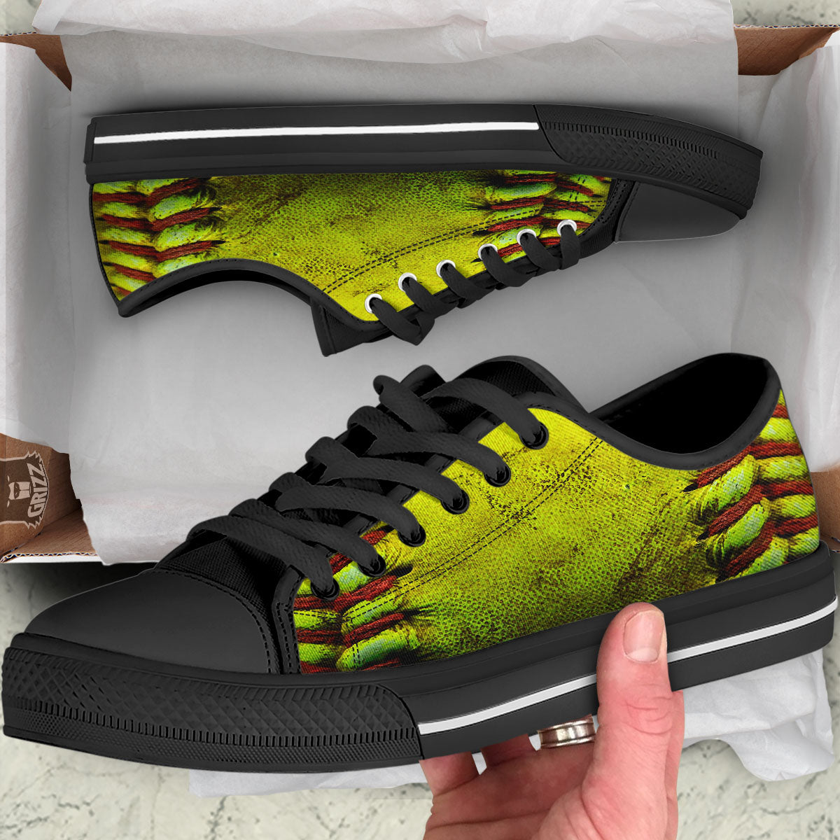Texture Softball Ball Print Black Low Top Shoes-grizzshop