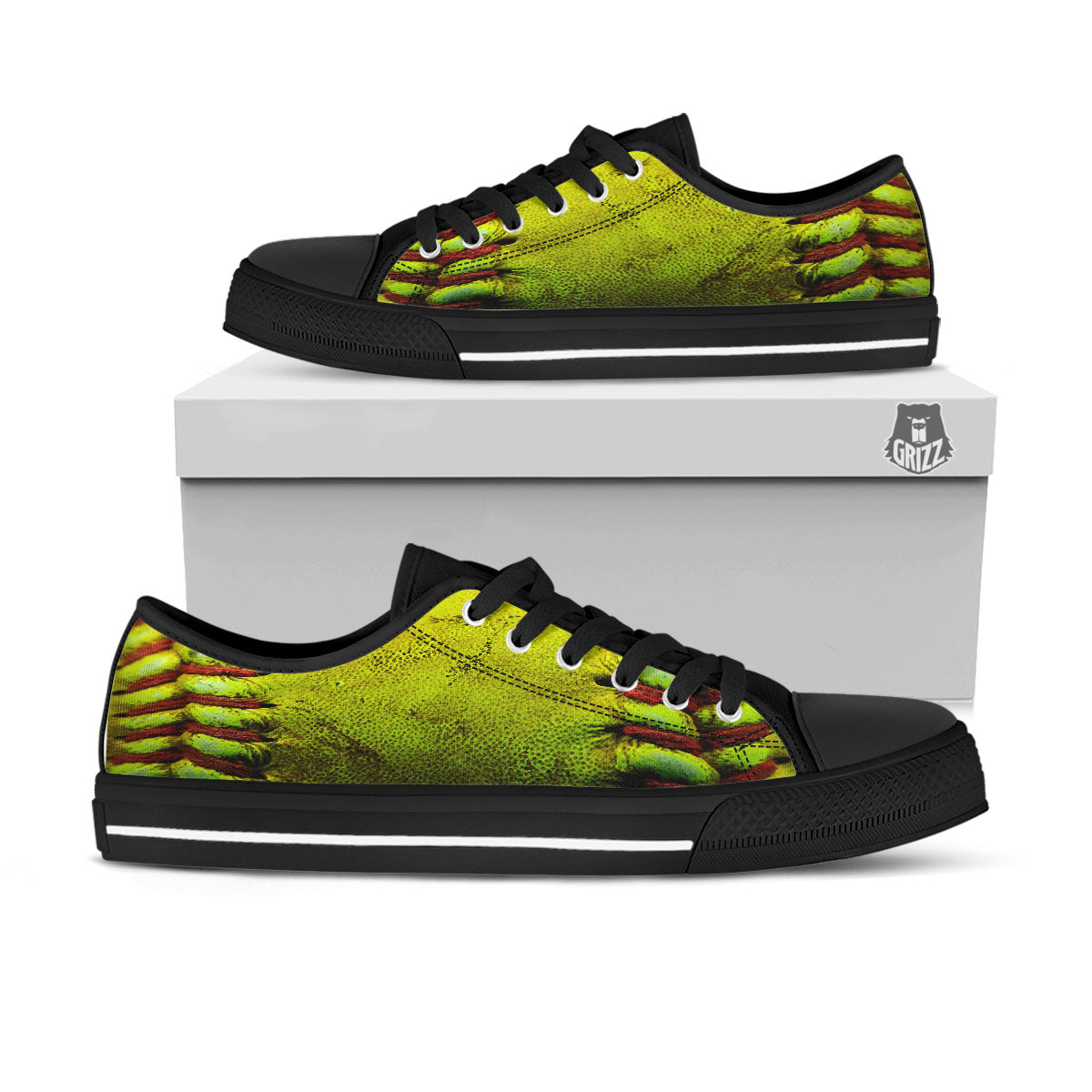 Texture Softball Ball Print Black Low Top Shoes-grizzshop