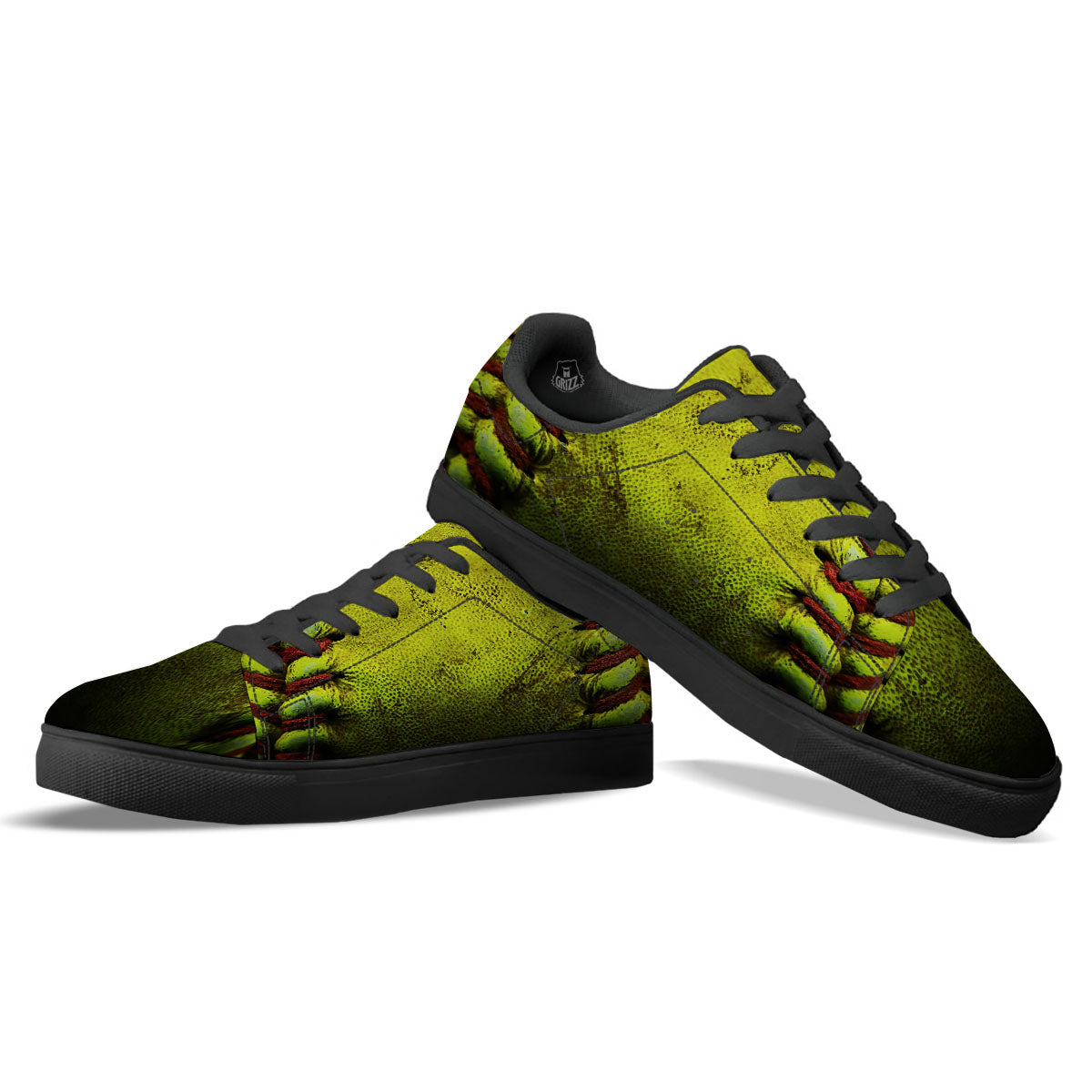 Texture Softball Ball Print Black Low Top Sneakers-grizzshop